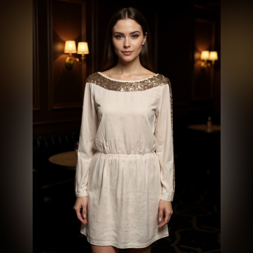 BCBG MaxAzria elegant New with Tags! Cream Long Sleeve sequin Dress - Picture 1 of 13
